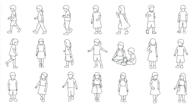 Minimalist children outline icons set, 20 kids line art vector illustrations, diverse young boys and girls standing and walking silhouettes for architecture