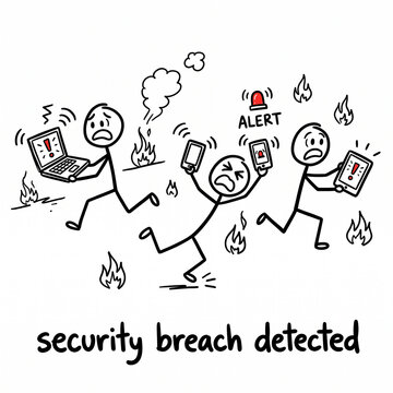 Hand-drawn stick figure cartoon of an IT team panicking during a security breach, cyber security humor