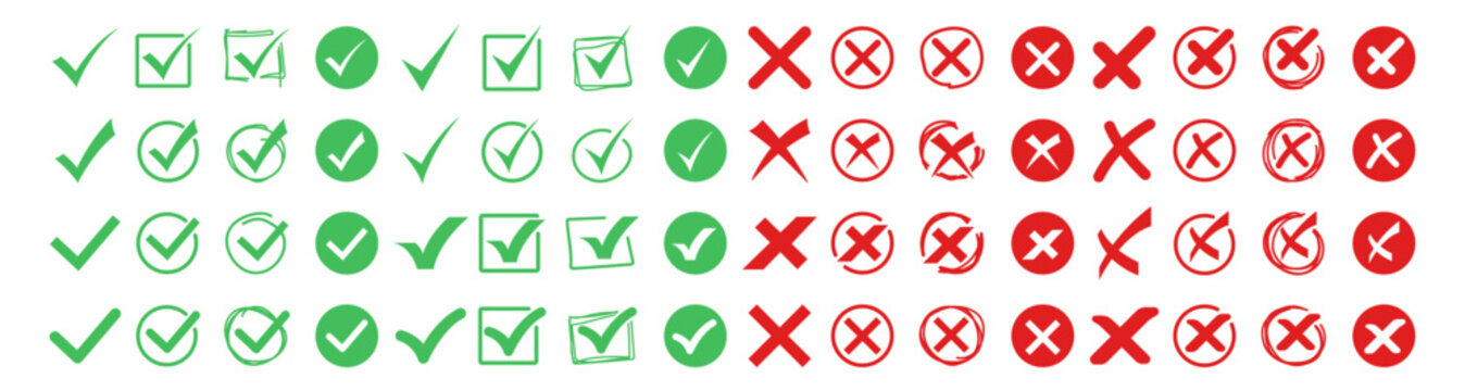 Green checkmarks and red crosses in various styles are displayed. These symbols represent approval or rejection and are shown on transparent background.