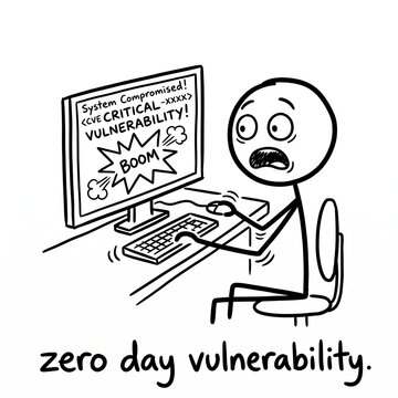 Hand-drawn stick figure cartoon of a panicked IT admin discovering a zero-day vulnerability, humor