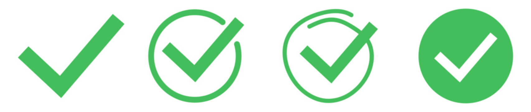 Set of green check mark icons in different styles and shapes. Each symbol indicates approval or confirmation with some encircled on transparent background.
