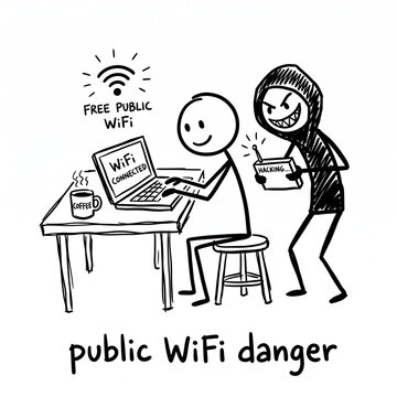 Hand-drawn stick figure cartoon of a hacker lurking behind a user on public free WiFi, cyber security humor