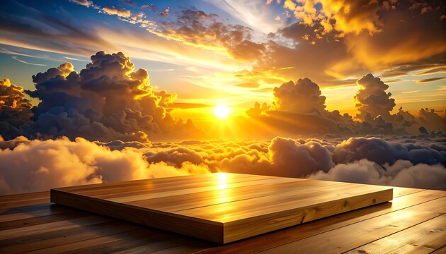 Golden sun setting over clouds, with a reflective platform in the foreground, atmospheric, dramatic lighting, epic sky