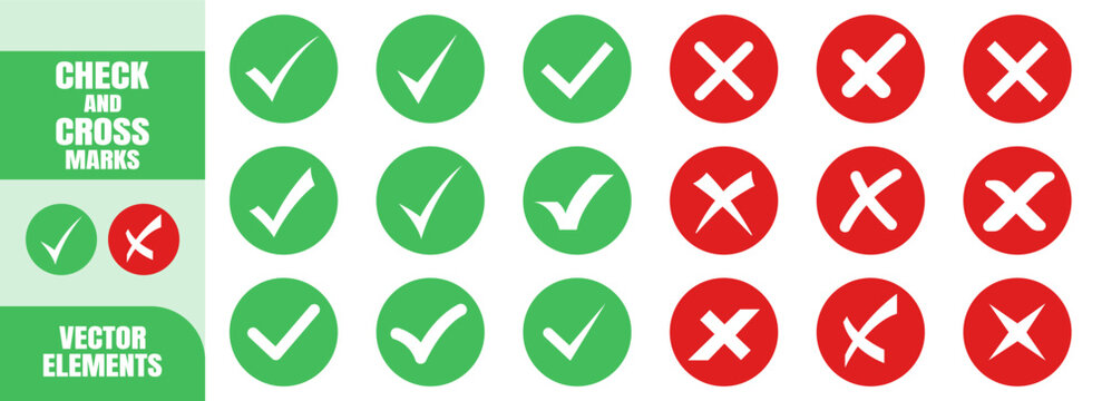 Check and cross marks with circle outlines in green and red colors. Vector symbols for correct and incorrect signs on transparent background.