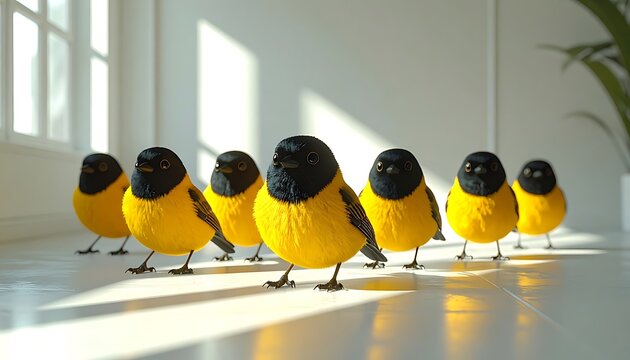 Group of small fluffy yellow birds with black heads gathered indoors on a clean floor, natural light from window, playful and cute atmosphere, suitable for children's themes or whimsical designs
