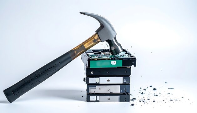 Hammer smashing stack of computer hard drives, data destruction concept, digital security, privacy destruction, electronic waste, fragments flying