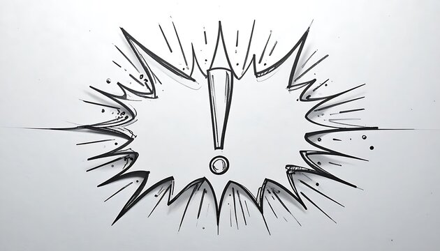 Hand drawn comic book style exclamation mark inside a speech bubble, bursting outwards with dramatic effect and stark contrast on a clean background