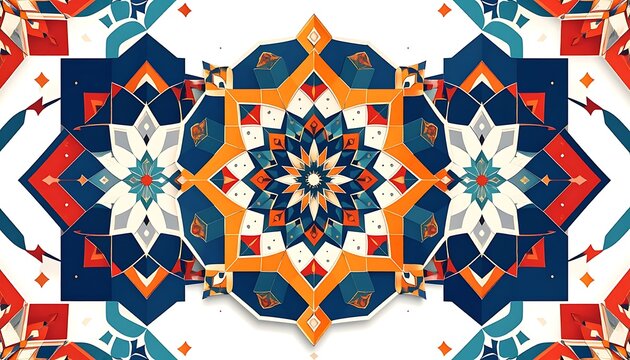 Intricate geometric mosaic pattern with octagonal symmetry, featuring starburst mandala design in vibrant blue, orange, and cream.