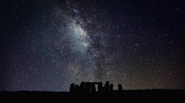 4K Astro time lapse of the stones of the ancient, prehistoric, summer solstice monument Stonehenge during night with the Milky way and thousands of stars, on Salisbury Plain in Wiltshire, England.