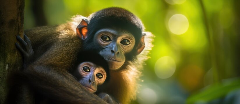 A tender moment of maternal care and curiosity deep within the sun-drenched jungle canopy.