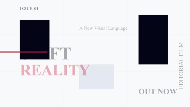 Minimalist editorial film title sequence, modern typography layout with black geometric shapes, clean magazine style motion graphics for fashion and art