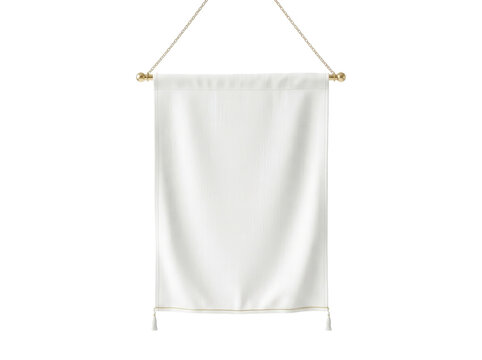 A white fabric banner hangs from a wooden dowel on a plain background.