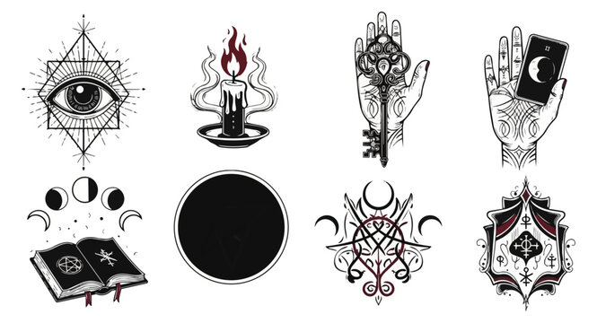 Esoteric symbols and occult elements on black background design