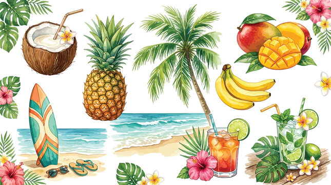 Summer vacation icons collection with tropical fruits palm trees and beach elements.