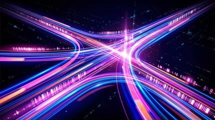 A dynamic 3D render showing intersecting light trails, depicting fast digital data transmission and network connections. © Jacqueline