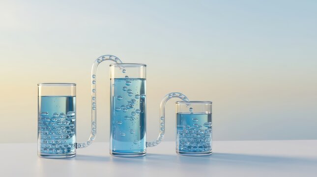 Transparent glass reservoirs with blue liquid spheres and clear channels, clean 3D system flow background with copy space for science technology header