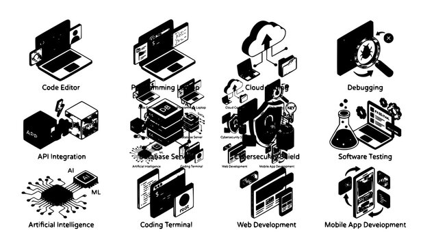 Programming and coding isometric icon set with software development and technology vector collection