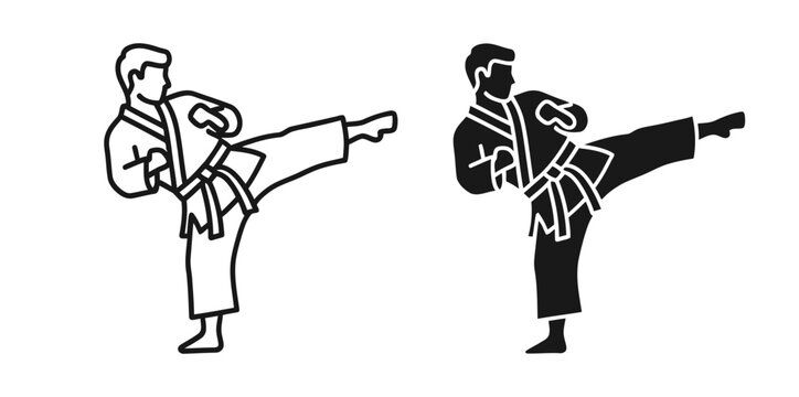 Karate icon set with outline and solid silhouette styles, martial arts kick, white background