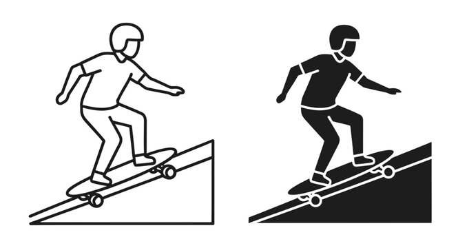 Skateboarder icon set outline and solid silhouette styles, white background
