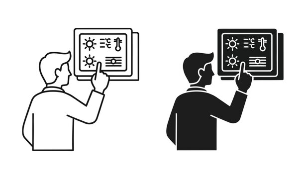 Smart home control panel icon set with man touching screen, outline and solid style, white background
