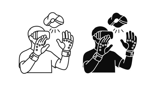 Virtual reality icon set with man wearing VR headset and haptic gloves, white background
