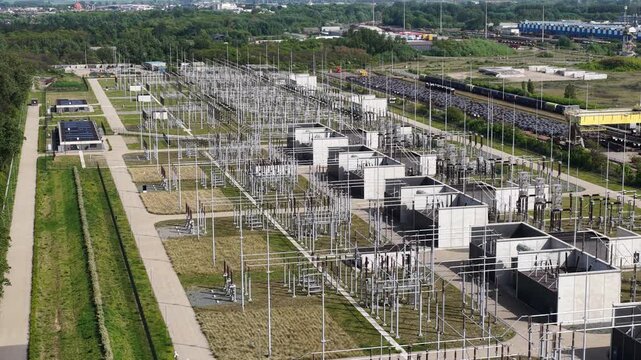 Aerial view of power plant and electrical substation