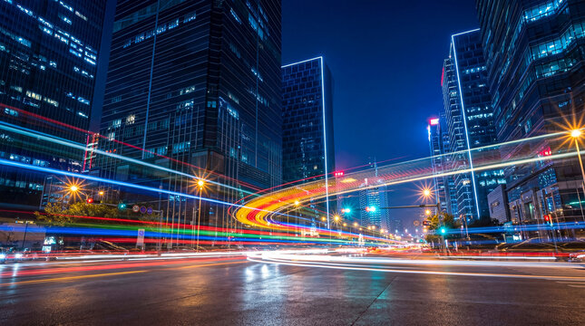 Energetic long exposure photograph of colorful car light trails sweeping through a vibrant city street at night.