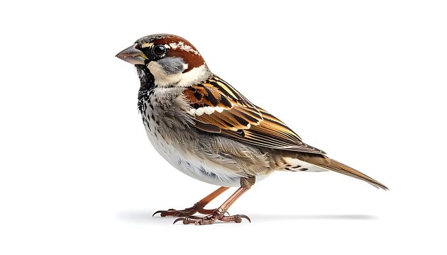 Isolated house sparrow bird standing on a white background, detailed feathers and brown markings