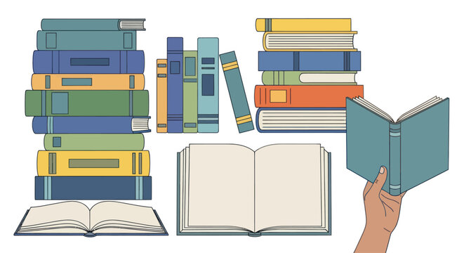 Flat vector illustration set of colorful book stacks and open books for reading.