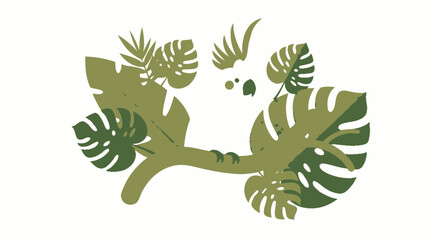 Stylized cockatoo perched on a branch with tropical leaves. © Ngerdo