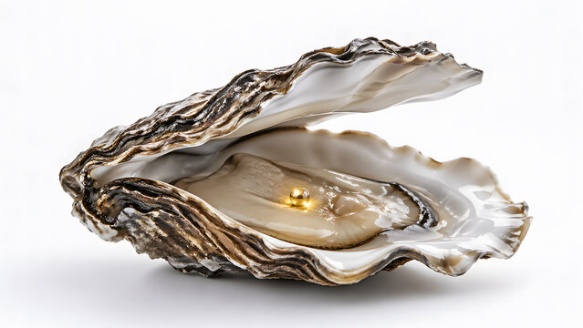 An open textured oyster shell sits on a smooth surface displaying a small polished gold bead or pearl inside against a solid white background.
