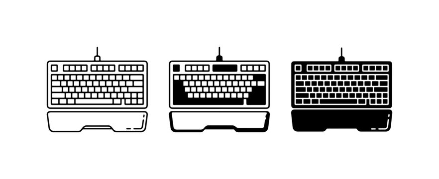 Modern Computer Keyboard Icons, Set of 3, Black and White Vector Graphics for Technology and Digital Concepts