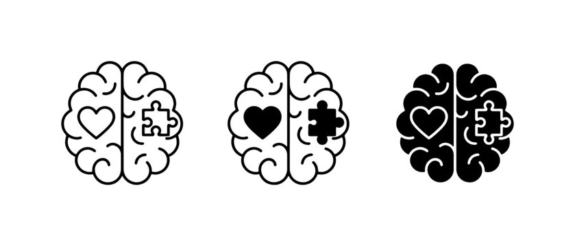 Brain Icons Set: Heart and Puzzle Pieces, Mental Health, Psychology, Emotions, Logic, Cognitive Function, Vector Graphics
