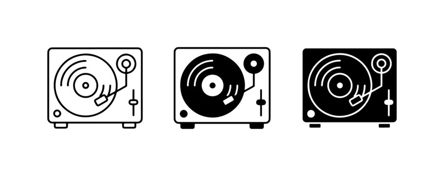 Turntable Icons Set: Vintage Vinyl Record Player Graphics, Classic DJ Equipment Vector Illustrations, Retro Music Playback Symbols