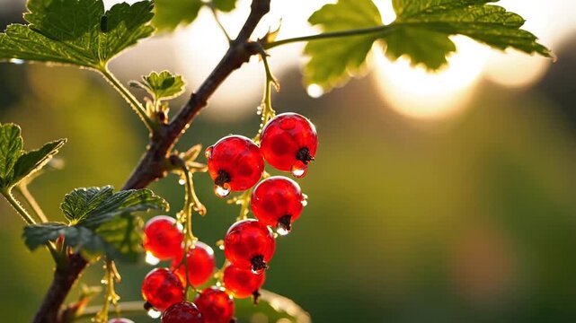 Fresh red currant berries on branch with water drops, ripe organic currants in golden sunset light, summer harvest in garden