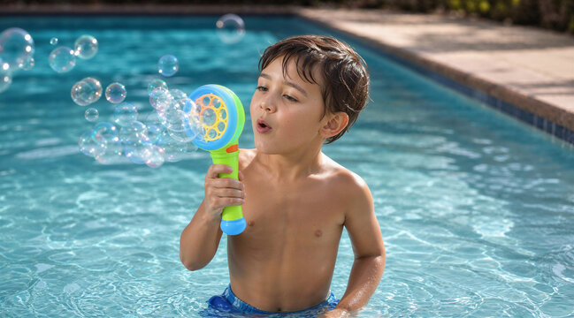 Little Boy Blowing Soap Bubbles in Backyard Swimming Pool on Sunny Day