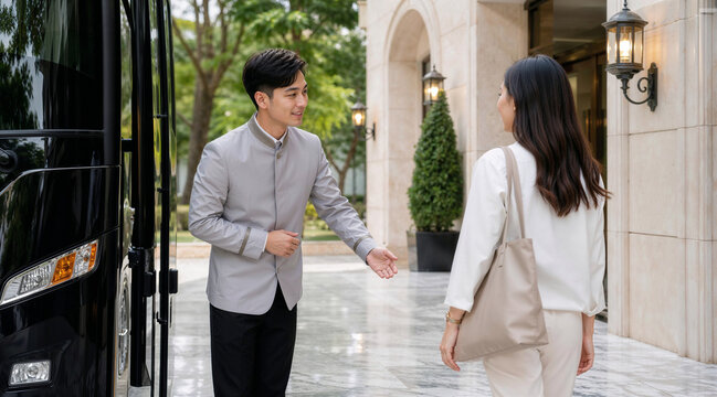 Hotel Concierge Greeting Guest Near Luxury Shuttle Bus Service