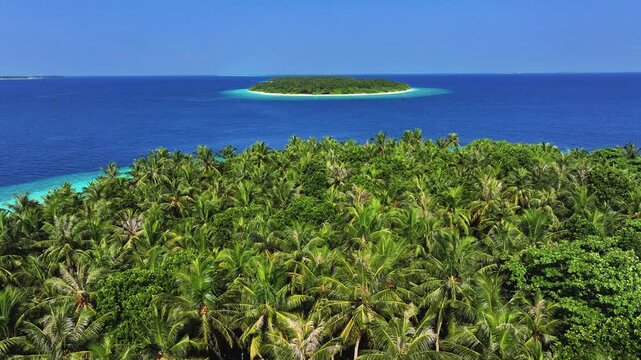 Aerial view of tropical islands with dense palm trees and turquoise coral reefs under a clear blue sky Kendhoo, Baa Atoll, Maldives.