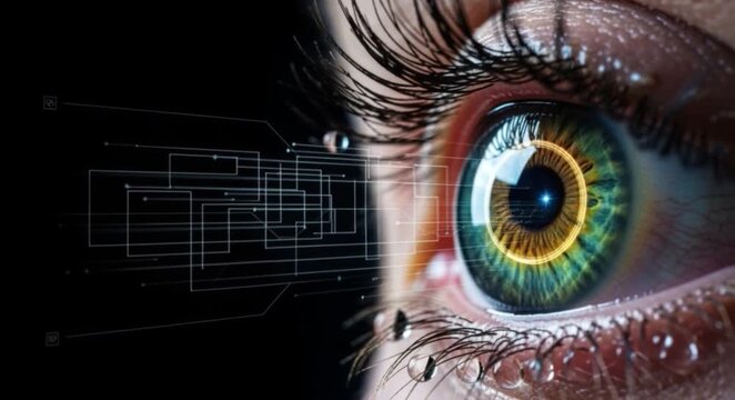 Human eye iris macro closeup with digital scan overlay on black background for vision diagnostics, ophthalmology technology and medical screening concept.