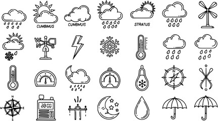 Naklejka premium Weather Icons: Line Art of Clouds, Sun, Rain, Thermometer, Snowflakes, Windmill, Compass, Umbrella