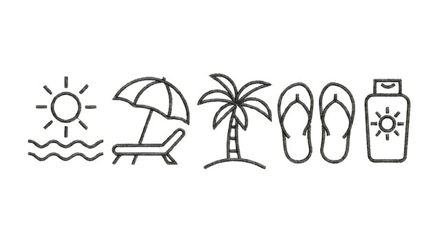 Beach vacation icons set with sun sea lounge chair umbrella palm tree flip flops sunscreen  summer holiday travel symbols