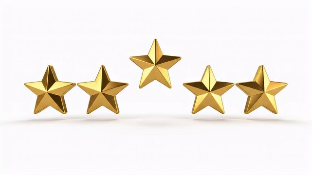 Minimalist Animation of Five Shiny Gold Stars Appearing Sequentially on White Background for Rating and Quality Ranking