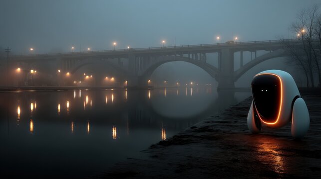 Futuristic robot by water at dusk with bridge and city lights