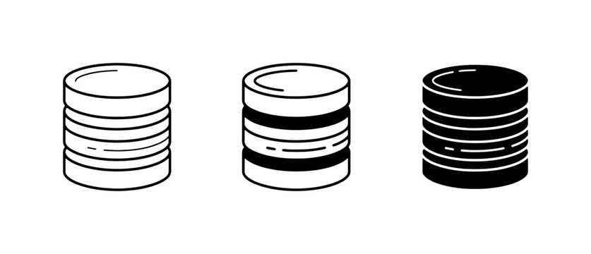Database Icons, Data Storage Symbols, Server Stack Graphics. Three distinct vector illustrations representing data servers, cloud storage, and information management.