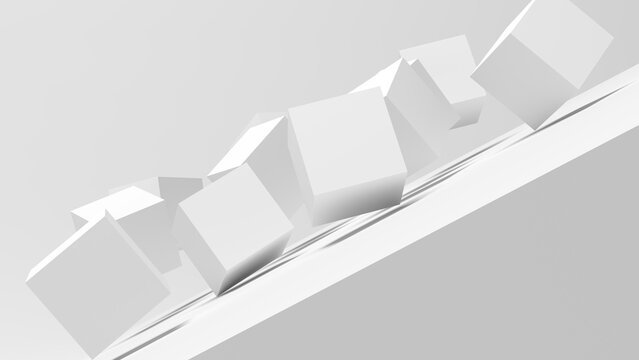 Group of white cubes rolling on gray background. Isolated. 3d illustration.
