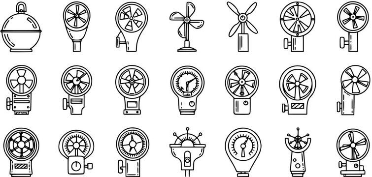Meteorology Anemometers and Wind Meters Black and White Line Art Icons Set. Weather Station and Wind Speed Sensor Outline Vector Elements.