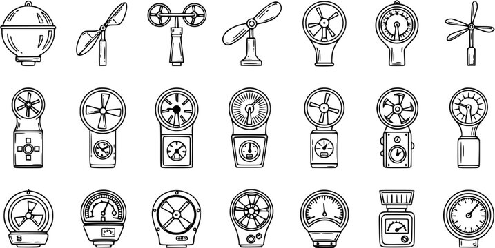 Black and White Line Art Icons of Anemometers and Wind Measurement Devices