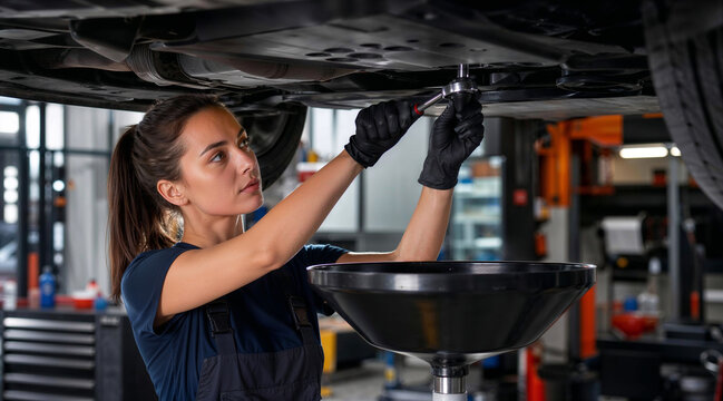 Female auto mechanic repairing car underbody in professional workshop
