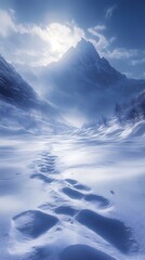 Obraz premium Winter's majestic embrace: Footprints in snow leading to shrouded mountain peaks