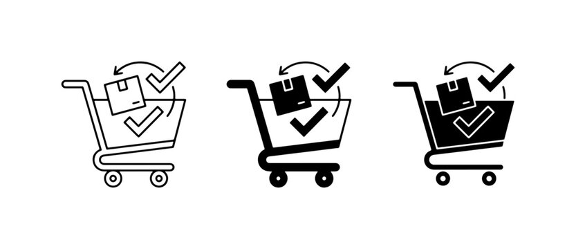 Shopping Cart Icons: Delivery Confirmation, Order Tracking, Package Received, E-commerce Logistics, Retail Purchase Process
